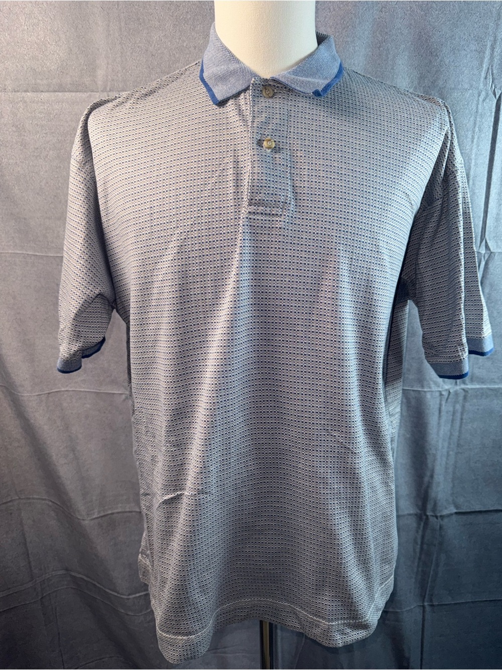 1546-Hathaway Sport Men's Grey-Blue Micro-Pattern Polo with Contrast Trim